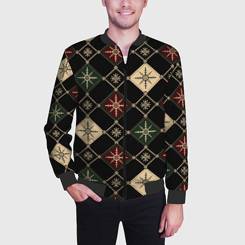 Мужской бомбер Паттерн из снежинок на темном фоне / 3D-Черный – фото 3