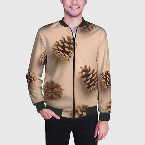 Мужской бомбер Еловые шишки на бежевом фоне / 3D-Черный – фото 3