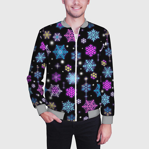 Мужской бомбер Разноцветные снежинки / 3D-Меланж – фото 3