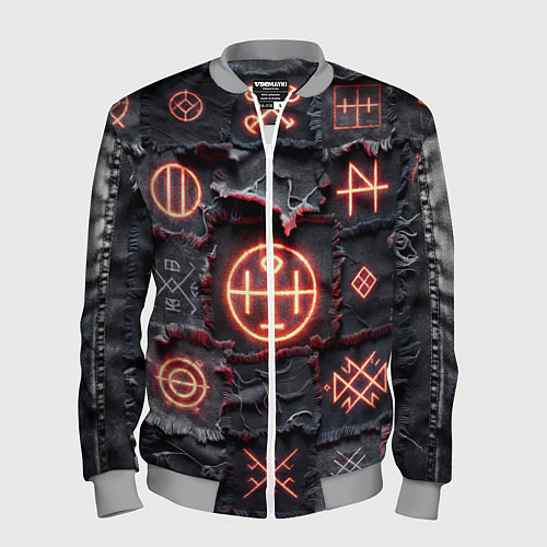 Мужской бомбер Символы викингов на пэчворк дениме / 3D-Меланж – фото 1