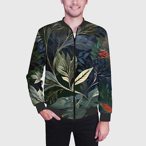 Мужской бомбер Объемные листья / 3D-Черный – фото 3