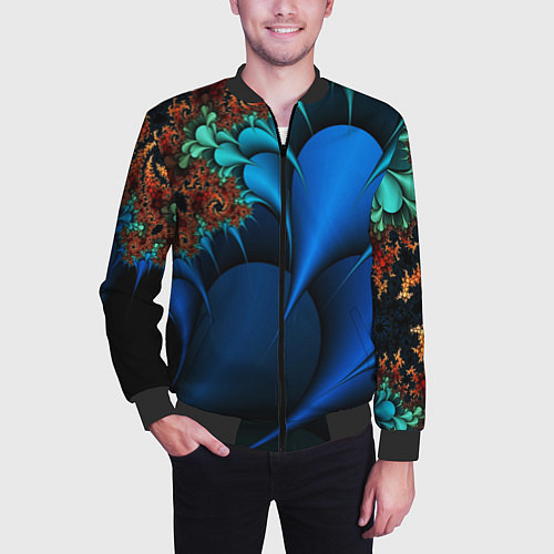 Мужской бомбер Фрактальный узор голубой / 3D-Черный – фото 3