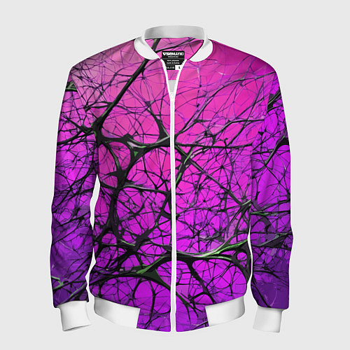 Мужской бомбер Чёрные волокна и фиолетовый градиент абстракция / 3D-Белый – фото 1