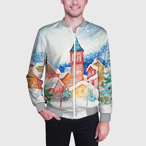 Мужской бомбер Новогодний сказочный город / 3D-Меланж – фото 3