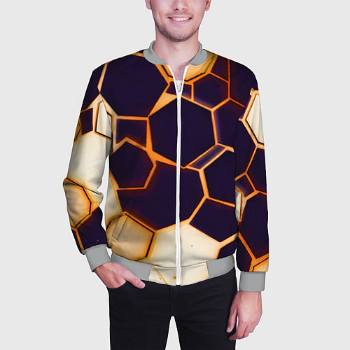 Мужской бомбер Чёрные шестиугольники на чёрном фоне / 3D-Меланж – фото 3
