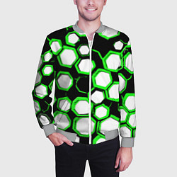 Бомбер мужской Бело-зелёные шестиугольники на чёрном фоне, цвет: 3D-меланж — фото 2