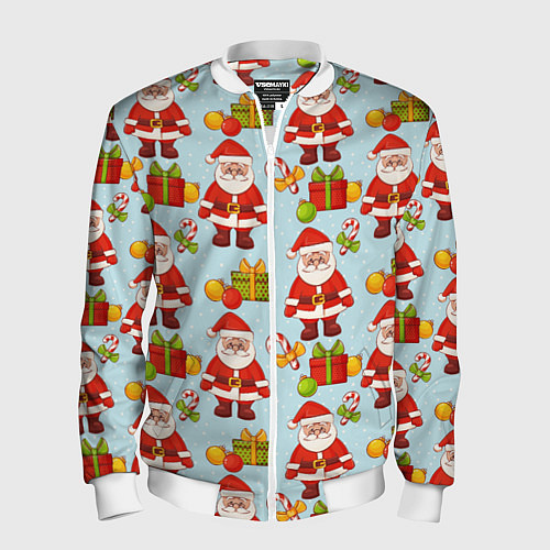 Мужской бомбер Новогодний паттерн с Сантой и подарками / 3D-Белый – фото 1