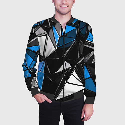 Мужской бомбер Сине-белые рельефные треугольники на чёрном фоне / 3D-Черный – фото 3