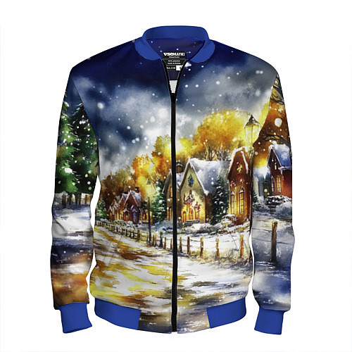Мужской бомбер Новогодний пейзаж акварель / 3D-Синий – фото 1