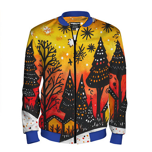 Мужской бомбер Елочки на фоне оранжевого неба / 3D-Синий – фото 1