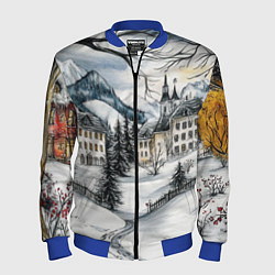 Бомбер мужской Заснеженный старый город, цвет: 3D-синий