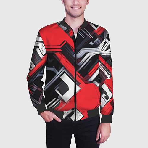 Мужской бомбер Красно-белый техно паттерн / 3D-Черный – фото 3