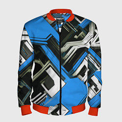 Мужской бомбер Сине-белый техно паттерн на чёрном фоне