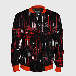 Мужской бомбер Бело-красная тревожная абстракция на чёрном фоне