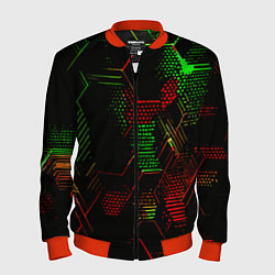 Мужской бомбер Красно-зелёные точки и линии на чёрном фоне