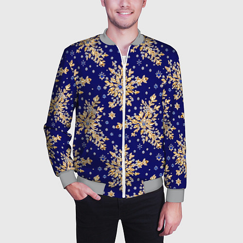Мужской бомбер Золотые снежинки на синем шелке / 3D-Меланж – фото 3