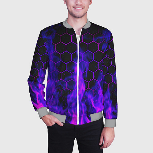 Мужской бомбер Неоновый огонь и соты / 3D-Меланж – фото 3
