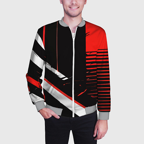 Мужской бомбер Красно белые полосы на чёрном фоне / 3D-Меланж – фото 3
