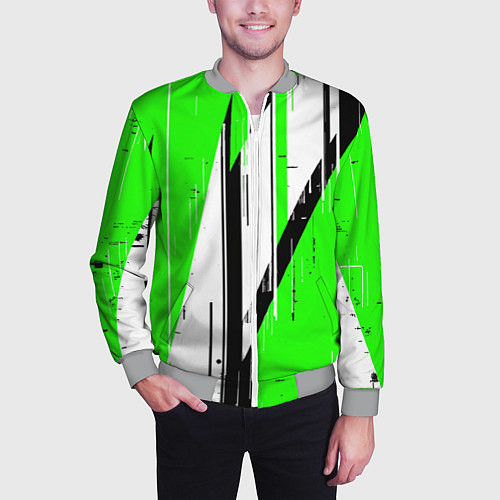 Мужской бомбер Black and white vertical stripes on a green backgr / 3D-Меланж – фото 3