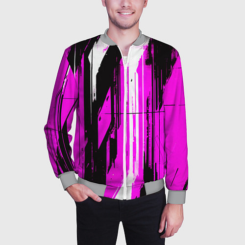 Мужской бомбер Вертикальные чёрно-белые линии на розовом фоне / 3D-Меланж – фото 3