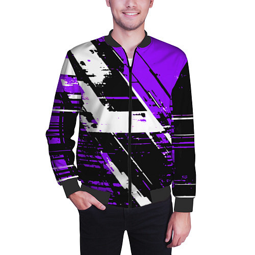 Мужской бомбер Diagonal black and white stripes on a purple backg / 3D-Черный – фото 3