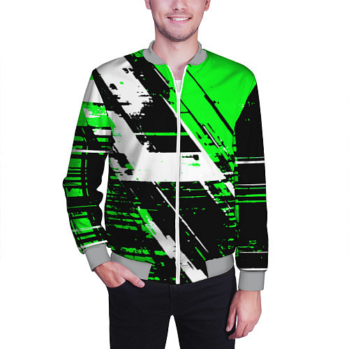 Мужской бомбер Diagonal black and white stripes on a green backgr / 3D-Меланж – фото 3