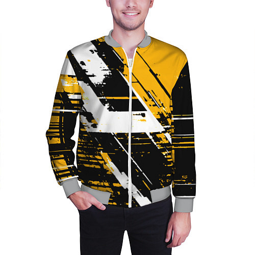 Мужской бомбер Diagonal black and white stripes on a yellow backg / 3D-Меланж – фото 3