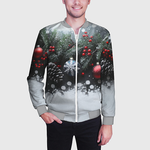 Мужской бомбер Елочные игрушки и снег / 3D-Меланж – фото 3