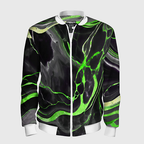 Мужской бомбер Зелёно-чёрный мрамор / 3D-Белый – фото 1