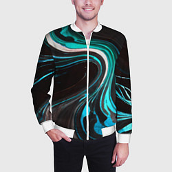 Бомбер мужской Волнистые бело-голубые линии на чёрном фоне, цвет: 3D-белый — фото 2