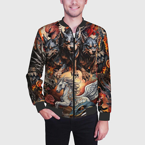 Мужской бомбер Мифические существа в стиле татуировки Ирезуми / 3D-Черный – фото 3