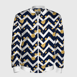 Бомбер мужской Золотые кляксы на фоне бело-синего паттерна, цвет: 3D-белый