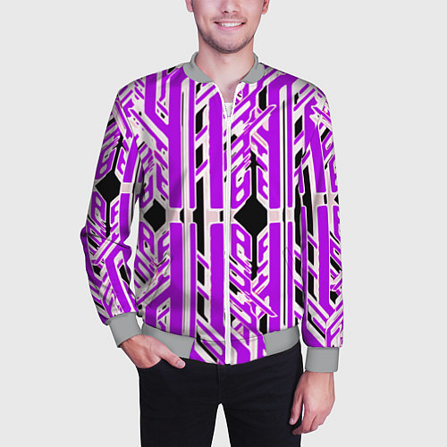 Мужской бомбер Бело-фиолетовые техно полосы на чёрном фоне / 3D-Меланж – фото 3