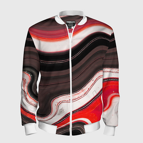 Мужской бомбер Волнистые горизонтальные чёрно-красные полосы на б / 3D-Белый – фото 1