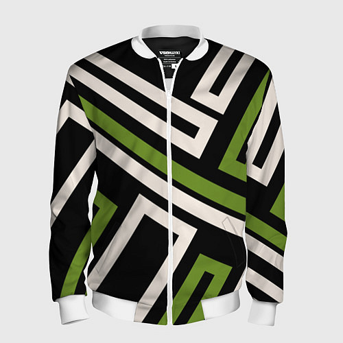 Мужской бомбер Прямоугольники по диагонали-зеленый, черный / 3D-Белый – фото 1