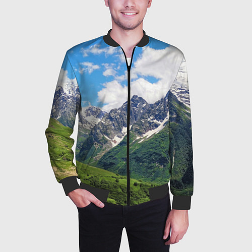 Мужской бомбер Домбай - горный пейзаж на Северном Кавказе / 3D-Черный – фото 3