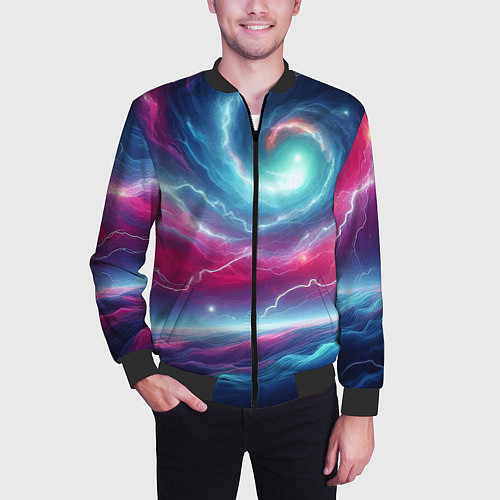 Мужской бомбер Spiral neon galaxy - ai art fantasy / 3D-Черный – фото 3