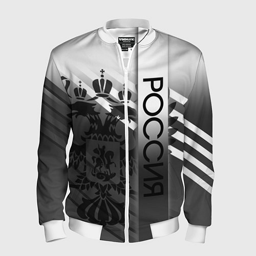 Мужской бомбер Россия герб и полосы серый / 3D-Белый – фото 1
