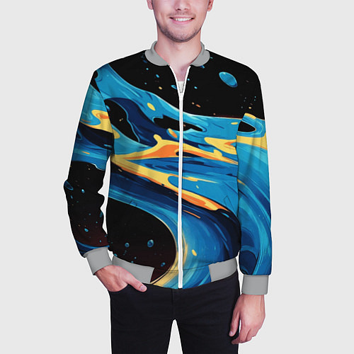 Мужской бомбер Синяя волна из красок / 3D-Меланж – фото 3
