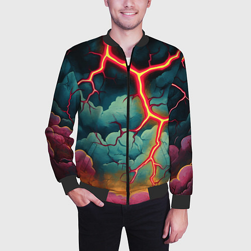Мужской бомбер Молнии в виде разлома / 3D-Черный – фото 3