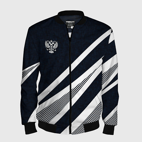 Мужской бомбер Герб России тёмно-синий с белым / 3D-Черный – фото 1