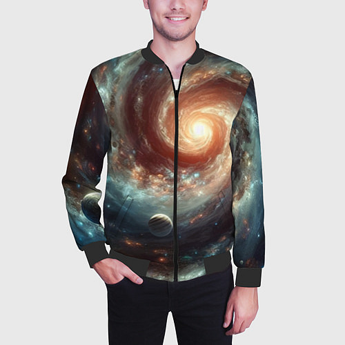 Мужской бомбер Далёкая неоновая галактика - нейросеть / 3D-Черный – фото 3
