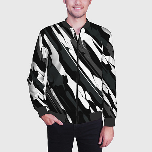 Мужской бомбер Разводы белым на черном / 3D-Черный – фото 3