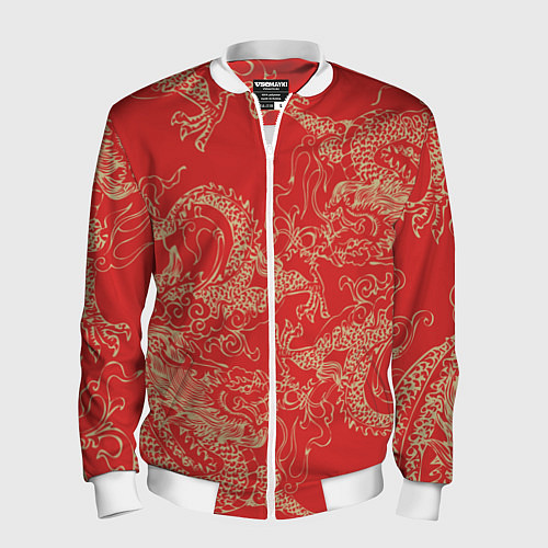 Мужской бомбер Золотые драконы на красном / 3D-Белый – фото 1