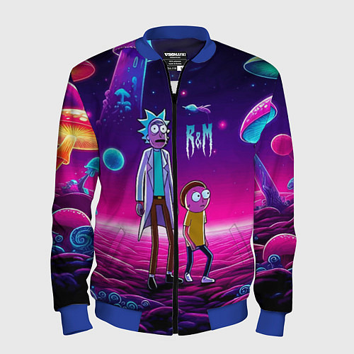 Мужской бомбер Морти и Рик на планете неоновых сказочных грибов / 3D-Синий – фото 1