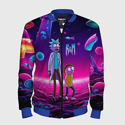 Бомбер мужской Морти и Рик на планете неоновых сказочных грибов, цвет: 3D-синий