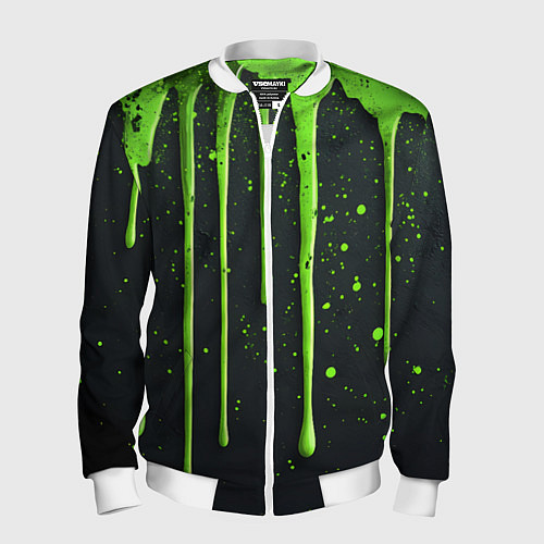 Мужской бомбер Зеленая краска стекающая на черном фоне / 3D-Белый – фото 1