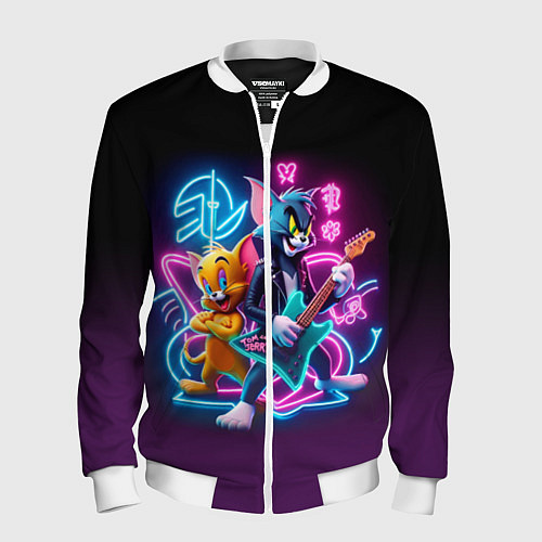 Мужской бомбер Гитарист Том и вокалист Джерри - неоновое свечение / 3D-Белый – фото 1