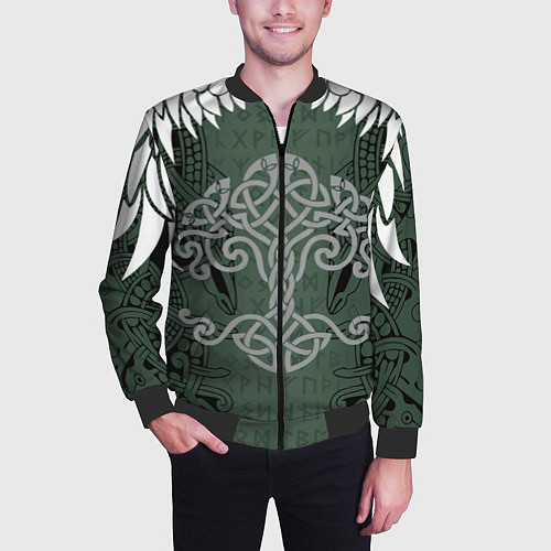 Мужской бомбер Древние руны и древо жизни с крыльями / 3D-Черный – фото 3