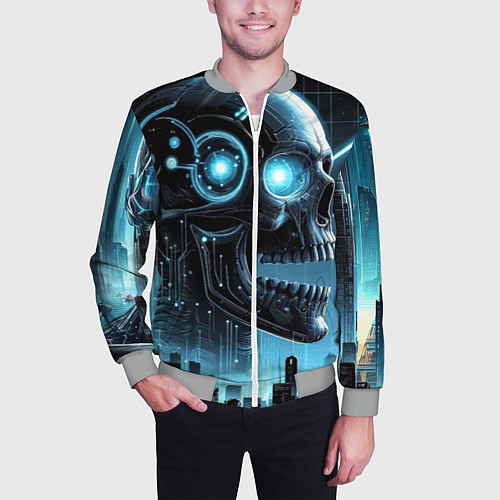 Мужской бомбер Cyberpunk skull - metropolis neon glow / 3D-Меланж – фото 3